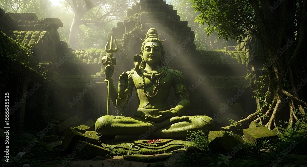 Fototapeta premium Serene Shiva Statue Amidst Ancient Ruins A Mystical Journey into Spiritual Tranquility