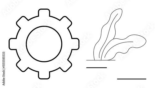Gear alongside seaweed in simplistic black line design. Ideal for technology, sustainability, innovation, balance, nature, process, teamwork. A simple flat metaphor for harmony between industry