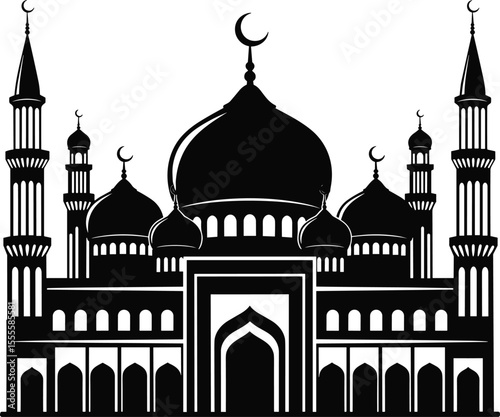 Islamic mosque silhouette vector illustration, black and white architecture drawing, traditional Muslim building art, religious dome structure, Arabic style CAD