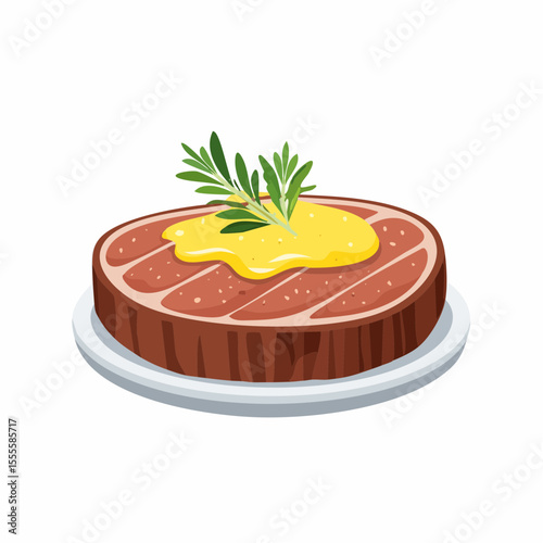 Gourmet grilled steak with butter sauce and rosemary garnish. A classic restaurant-style beef dish illustration.