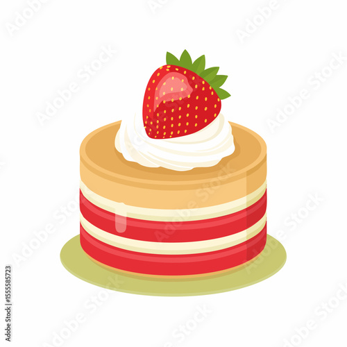 A delightful strawberry shortcake illustration, a layered dessert with fresh berry and whipped cream topping.