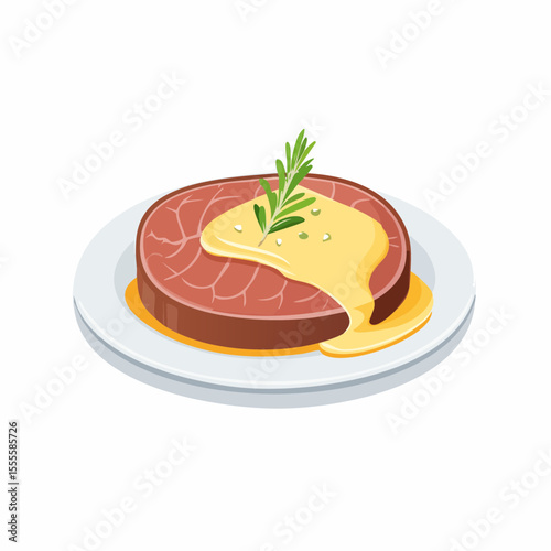 A delicious cooked beef steak topped with creamy yellow sauce and a sprig of rosemary. Gourmet meal illustration on a plate, isolated on a white background.