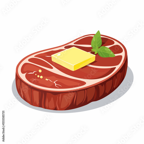 Raw beef steak with a melting pat of butter and fresh basil garnish. Vector illustration of uncooked meat ready for grilling