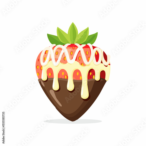 Illustration of a gourmet strawberry dipped in dark chocolate and drizzled with white cream. Sweet romantic dessert icon.
