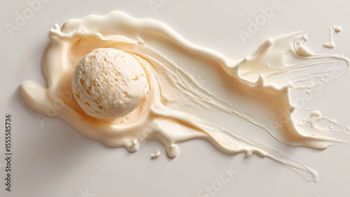 A clean and simple composition of a melted scoop of vanilla ice cream with creamy texture spreading across a white surface