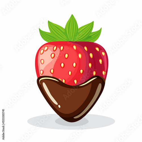 Fresh ripe red strawberry dipped in liquid chocolate fondue. Vector icon for a delicious gourmet dessert treat.