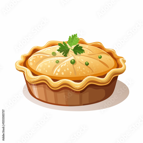 Traditional homemade chicken pot pie illustration with a golden flaky crust and parsley garnish, classic comfort food