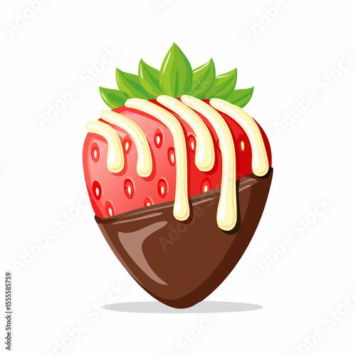Vector illustration of a delicious strawberry dipped in dark and white chocolate. An isolated concept for a sweet gourmet dessert.