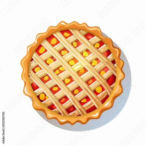 Top view of a classic sweet fruit pie with a lattice crust. A delicious homemade baked dessert, isolated on white.
