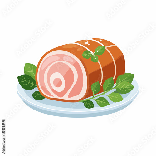 Savory rolled pork roast or meat roulade tied with string, served on a platter with fresh green herb garnish. A delicious gourmet dinner meal.