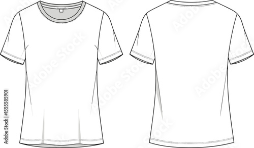 Basic short sleeve t-shirt technical sketch, front and back flat view, crew neck, unisex style, vector fashion CAD drawing illustration