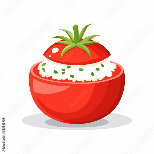 A vibrant illustration of a fresh red tomato stuffed with cottage cheese and herbs, a healthy and delicious appetizer concept