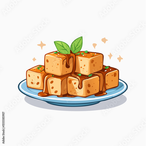 A delightful cartoon illustration of a stack of golden tofu cubes on a plate, drizzled with a savory sauce and fresh green herbs.