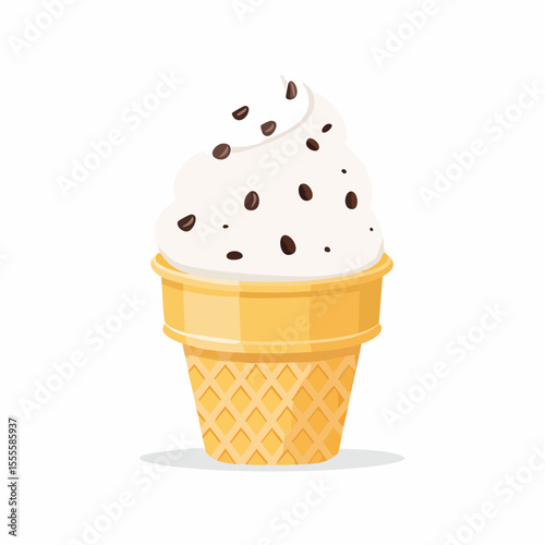 Vanilla ice cream cone with chocolate chip sprinkles. Sweet frozen dessert in a waffle cone, vector illustration isolated on white.