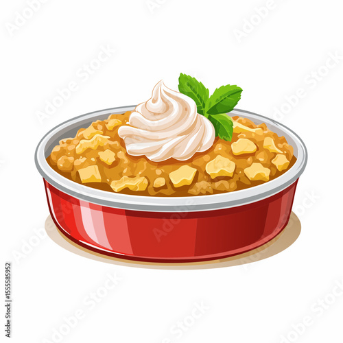 Vector illustration of a delicious apple crumble dessert with whipped cream and mint garnish in a red bowl, isolated on white.