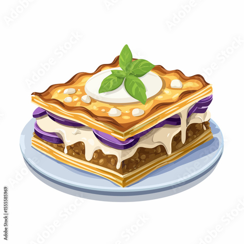 A delicious slice of traditional Italian lasagna with layers of meat sauce, creamy bechamel, and a fresh basil garnish, served on a plate