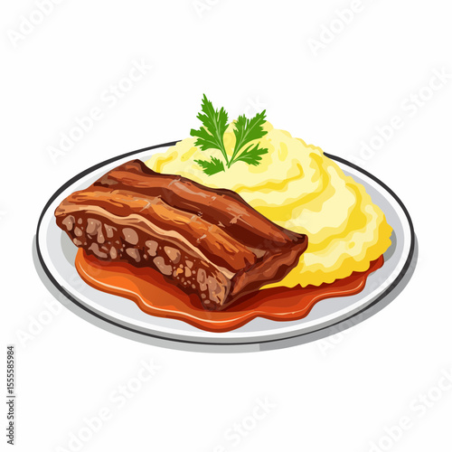 A savory meal of roasted pork belly with rich gravy and creamy mashed potatoes, garnished with fresh parsley.