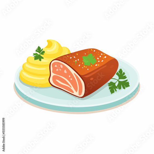 A beautifully plated meal of savory meatloaf with a side of creamy mashed potatoes, garnished with fresh parsley.