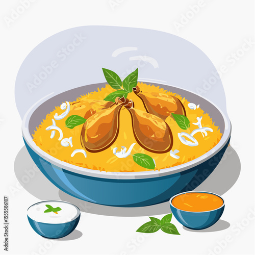 Aromatic chicken biryani in a blue bowl, garnished with fresh basil leaves, served with raita and curry sauce. Traditional Indian food illustration.