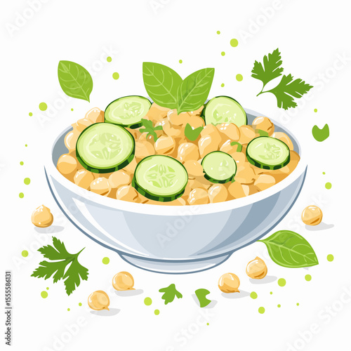 A vibrant illustration of a healthy chickpea salad in a bowl, garnished with fresh cucumber slices, basil, and parsley. A concept of a light, nutritious vegetarian meal.