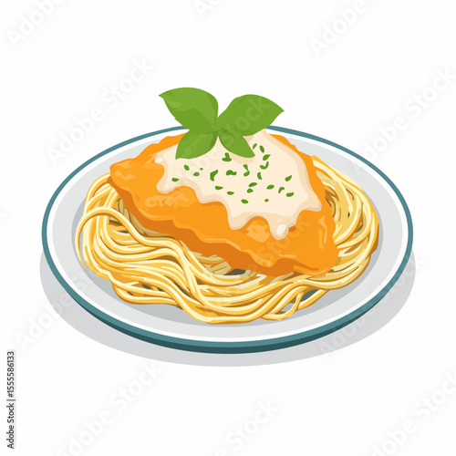 Delicious plate of spaghetti with a breaded chicken cutlet, creamy sauce, and fresh basil. A classic comfort food meal illustration.