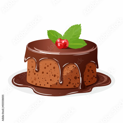 Gourmet chocolate fondant dessert with melted sauce, garnished with fresh mint and a red berry