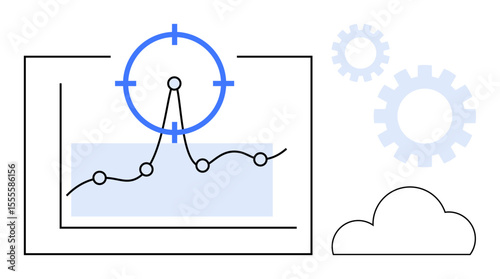 Line chart with target over peak, gears, and cloud. Ideal for business strategy, data analysis, precision, optimization, technology cloud computing performance tracking. Simple flat metaphor