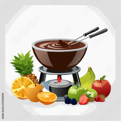 Sweet celebration with a warm chocolate fondue pot surrounded by fresh, colorful fruits for dipping. An indulgent dessert illustration.
