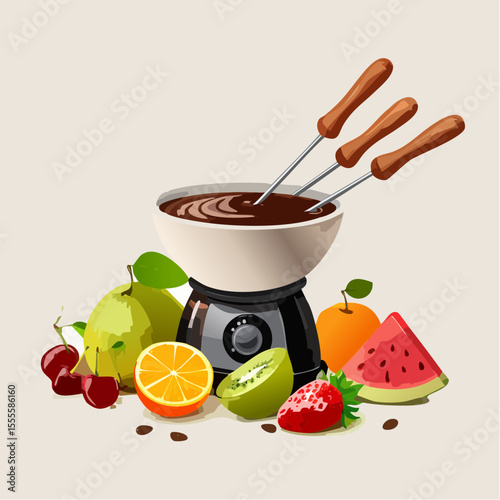 Delicious chocolate fondue pot with a variety of fresh fruits ready for dipping at a party. Sweet dessert illustration.