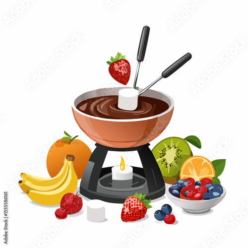 Indulgent chocolate fondue set with a variety of fresh fruit and marshmallows, a perfect sweet treat for sharing