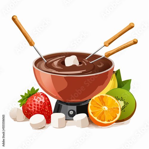 A sweet and delicious chocolate fondue pot with an assortment of fresh fruits and marshmallows for dipping.