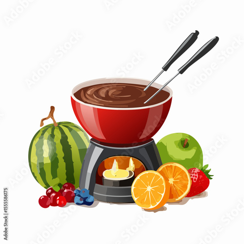 A delicious chocolate fondue pot heated by a candle, served with a variety of fresh fruits like watermelon, apple, orange, and berries for dipping.