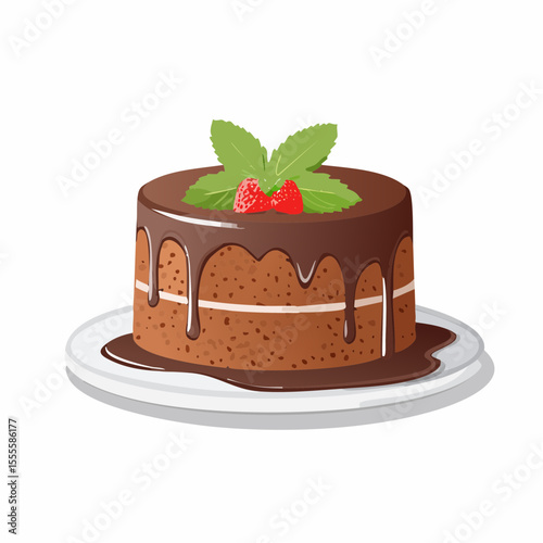 Sweet indulgence of a delicious homemade chocolate sponge cake with rich dripping glaze, garnished with mint and berries.