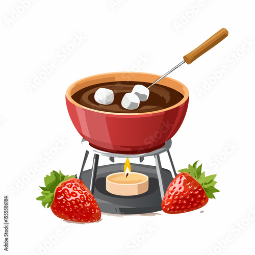Romantic chocolate fondue dessert with marshmallows and fresh strawberries, perfect for sharing.