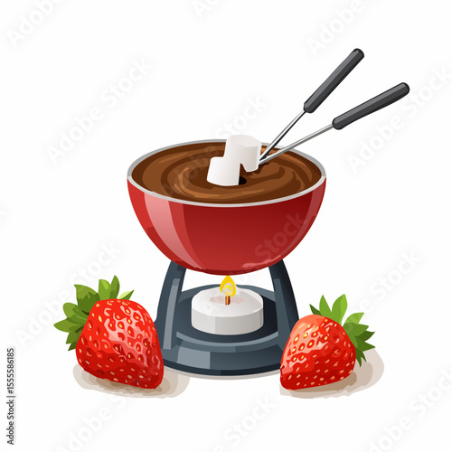 A delightful illustration of a warm chocolate fondue pot with dipping marshmallows and fresh strawberries.