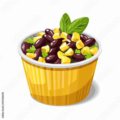 A healthy black bean and corn salad in a yellow take-away cup, garnished with basil. Vector food illustration isolated on white.