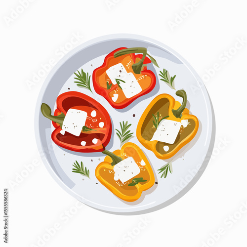 Top view of delicious roasted bell peppers stuffed with feta cheese and rosemary, a healthy Mediterranean appetizer served on a plate.