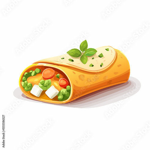Gourmet vegetarian wrap with fresh vegetables, cheese, and basil. Healthy food concept illustration.