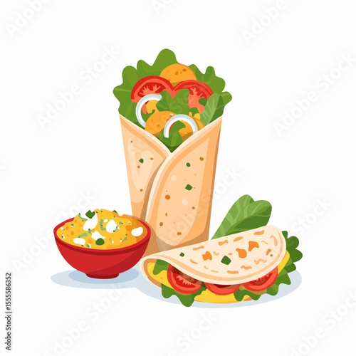 A delicious and healthy street food meal with a falafel wrap, taco, and a side dish. Vector illustration concept.