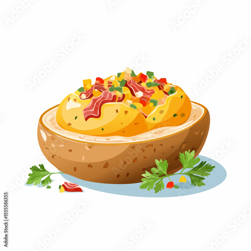 A hearty stuffed baked potato with crispy bacon, melted cheese, and fresh vegetable toppings. Classic comfort food meal illustration.