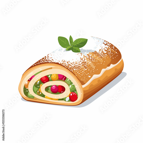Gourmet sweet dessert pastry, a colorful fruit-filled strudel slice with fresh mint garnish. Isolated vector food illustration.