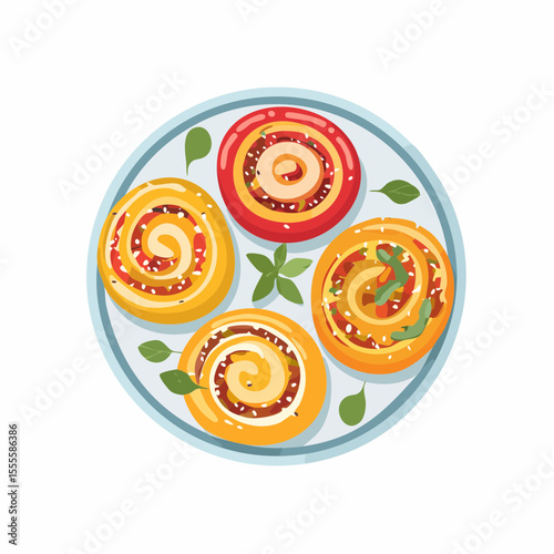 Assorted savory pinwheels and pizza scrolls on a platter, top view. A delicious baked appetizer garnished with fresh herbs.