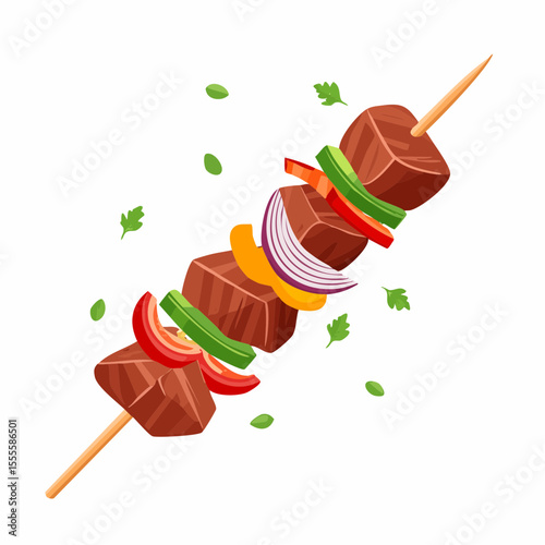 Flavorful grilled meat and vegetable brochette illustration, an appetizing barbecue classic on a wooden stick.
