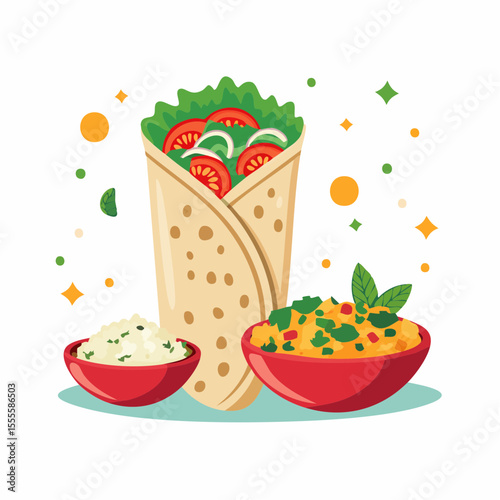 A delicious and fresh tortilla wrap filled with lettuce, tomatoes, and onions, served with side dishes. Vector food illustration.