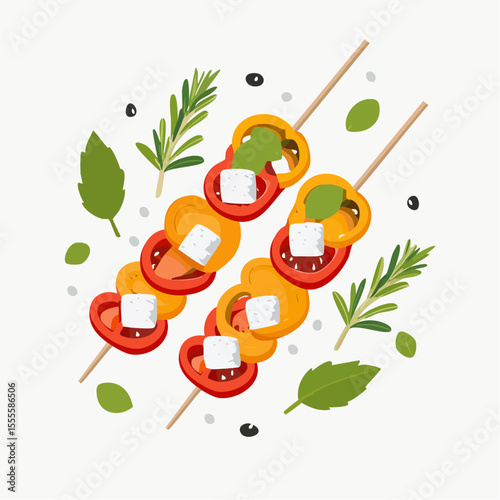 Colorful vegetarian skewers with feta cheese, bell peppers, and herbs. A concept for healthy Mediterranean grilling and appetizers.