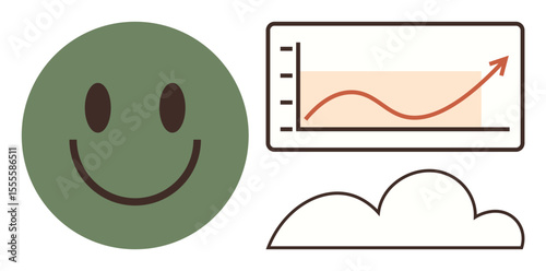 Green happy face next to upward trend graph and cloud. Ideal for positivity, success, growth, progress, achievement, motivation, optimism. Simple flat metaphor