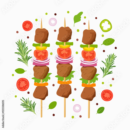 Illustration of three delicious grilled meat and vegetable skewers, shish kebabs with fresh ingredients like tomato, onion, and herbs for a barbecue
