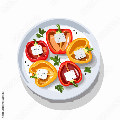 A plate of colorful bell peppers stuffed with feta cheese, garnished with parsley. Top-down view illustration of a healthy Mediterranean appetizer.