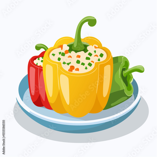 Colorful stuffed bell peppers filled with rice and diced vegetables, served on a plate. A classic healthy vegetarian dish illustration.