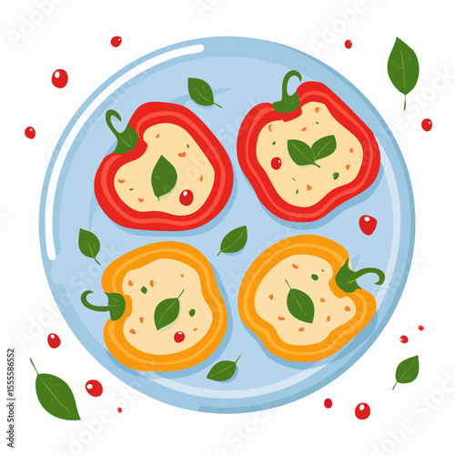 Vibrant illustration of stuffed red and orange bell peppers on a plate, a concept for healthy vegetarian cuisine